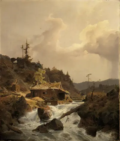 Norwegische Landschaft mit Sägemühle av Andreas Achenbach