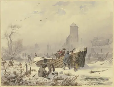 Schiffer bei einem eingefrorenen Schiffe av Andreas Achenbach