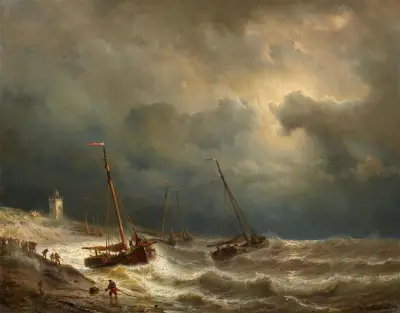 Segelschiffe an einer stürmischen Küste av Andreas Achenbach