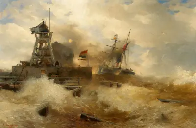 Stormig sjö med ett ångfartyg av Andreas Achenbach