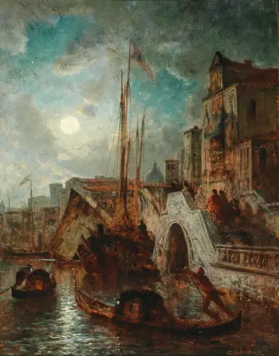 Venedig, en kanal i månsken, med Santa Maria della Salute i bakgrunden av Andreas Achenbach