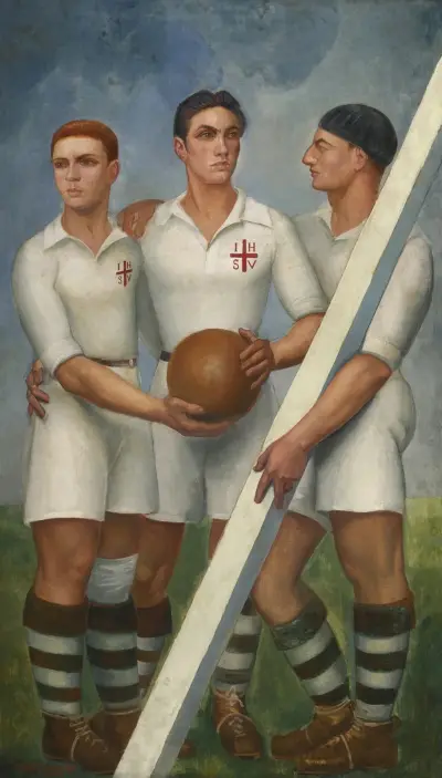 Tres futbolistas con boina av Ángel Zárraga