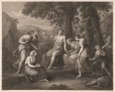 Bacchus amidst Solitary Rocks teaching the Nymphs to make Verses av Angelica Kauffmann