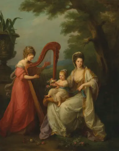 Group portrait of Lady Elizabeth Smith-Stanley, Countess of Derby, with her infant son Edward, later 13th Earl of Derby, and her half-sister, Lady Augusta Campbell av Angelica Kauffmann