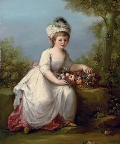 Portrait of a young girl, full-length, seated in a white dress with a basket of flowers, in a landscape av Angelica Kauffmann