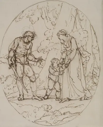 Königin Margareta und der Räuber; Margarete von Anjou, Königin von England, im Wald von Räubern überfallen und alles beraubt, während sie aus dem Reich floh von Angelica Kauffmann