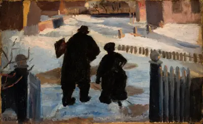 Michael Ancher on his way to his studio accompanied by the organist Helene Christensen av Anna Ancher