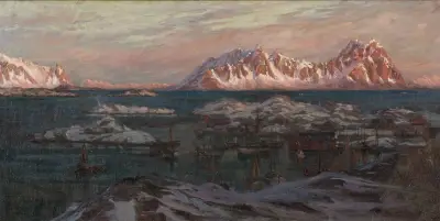 Fishing Harbour with Sunlit Mountains. Study from North Norway av Anna Boberg