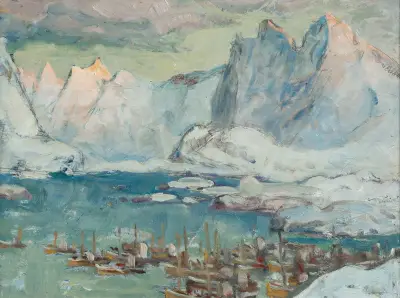 Svolvær hamn vid fiskesäsongens höjdpunkt. Studie från Lofoten, 1934 – nr 2 av Anna Boberg