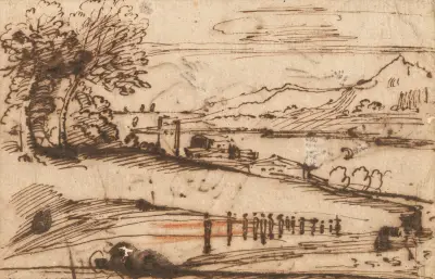 Vidsträckt kustlandskap med procession av figurer i förgrunden och byggnader på vattnet av Annibale Carracci