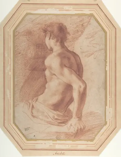 Ryggvy av en sittande naken yngling, vänd åt vänster av Annibale Carracci