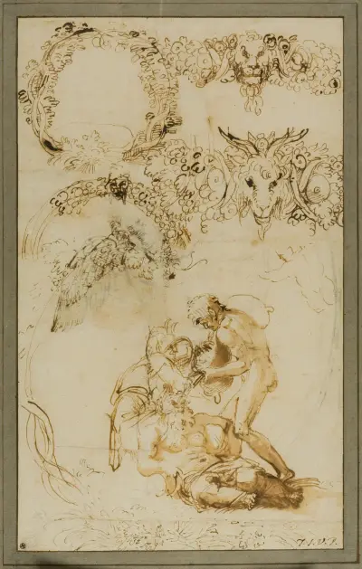 Berusad Silenus och dekorativa skisser; Studier för Tazza Farnese av Annibale Carracci