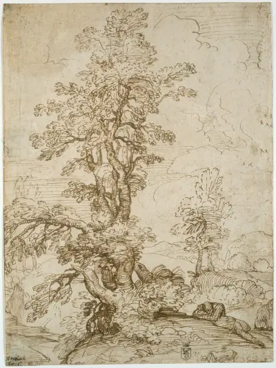 Landskap med sovande man under träd av Annibale Carracci
