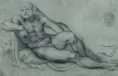 Studie av vilande Herkules, med separata studier av hans huvud och fot av Annibale Carracci