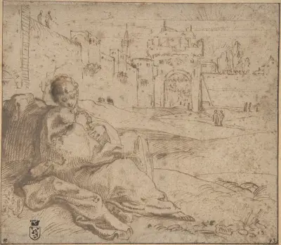 Madonnan och barnet vilande utanför en stadsport av Annibale Carracci