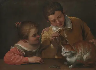 Två barn retar en katt av Annibale Carracci