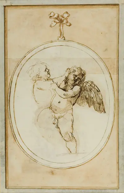 Två putti som slåss; studie för Galleria Farnese av Annibale Carracci