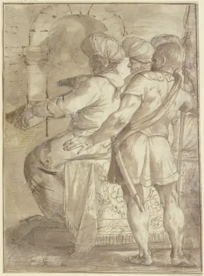 Zwei Türken, auf einem Thron nach links sitzend, hinter ihnen ein Wächter mit aufgestütztem Speer, alle Figuren in Dreiviertelrückenansicht av Annibale Carracci