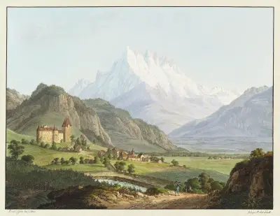 Vue de la Dent du Midi, et du Château de Lanex av Jean-Antoine Linck