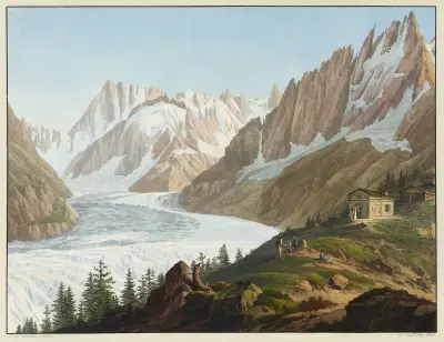 Vue de la Mer de Glace, des Aiguilles des Charmos, du Geant, de la grande Jorasse, et des Hospices du Sommet du Montanvert av Jean-Antoine Linck