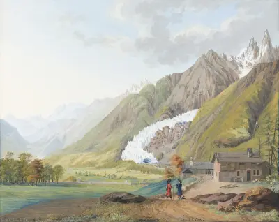 Vue de la Sourse de l’Arveron prit près de Chamouny peint d’après nature av Jean-Antoine Linck