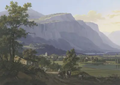 Vue de la ville de St. Jeoire à 5. lieus de Genève, et des Montagnes de Machily, et Fausigny av Jean-Antoine Linck