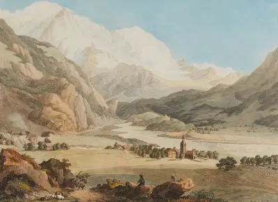 Vue de Servoz, de l’Aiguille du Gouté, et du Glacier de Bionnassey av Jean-Antoine Linck
