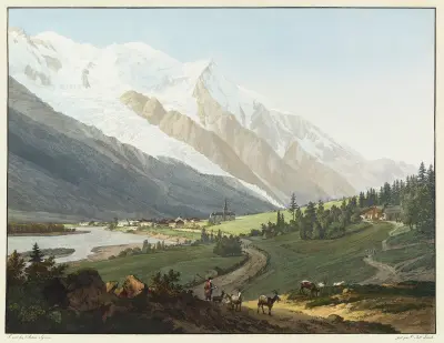 Vue du Prieuré de Chamouni, du Mont-Blanc, de l’Aiguille du Gouté, et du Glacier des Buissons av Jean-Antoine Linck