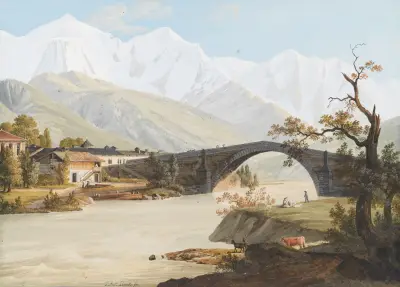 Vy över byn & Bron Saint-Martin, Mont Blanc och Bionnasse av Jean-Antoine Linck
