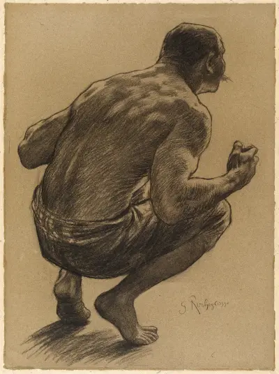 Etude pour la Joie rouge Homme accroupi de dos. Avant le saut av Georges Antoine Rochegrosse