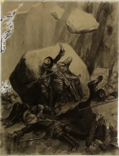 Quartiers de rocs jetés sur les arquebusiers de Munckholm av Georges Antoine Rochegrosse