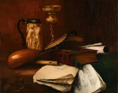 Calice, vidrecome, livres liturgiques et cahiers de musique av Antoine Vollon
