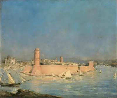 Marseilles Harbour with a Lighthouse av Antoine Vollon