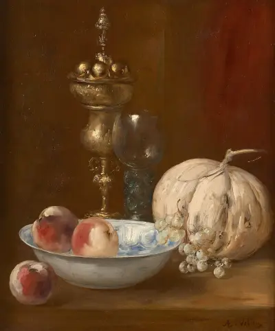 Melon, coupe de fruits et pièce d’orfèvrerie sur un entablement av Antoine Vollon