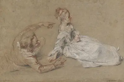 En man liggande och en kvinna sittande på marken av Jean-Antoine Watteau