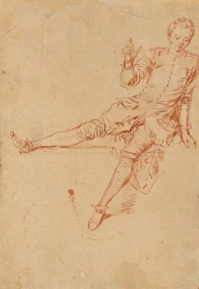 Studie av ung man sittande, höger ben och hand lyfta av Jean-Antoine Watteau