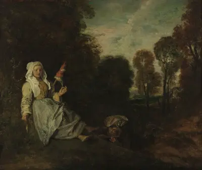 Evening Landscape with Spinner – nr 1 av Jean-Antoine Watteau