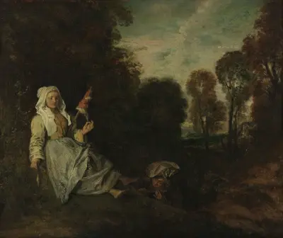 Evening Landscape with Spinner, 1713 av Jean-Antoine Watteau
