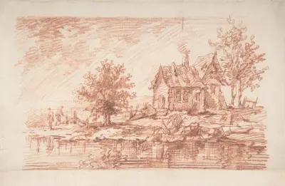 Bondgård vid en flod, två figurer till vänster av Jean-Antoine Watteau