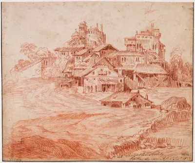 Befäst by med slott, kärntorn och kyrka av Jean-Antoine Watteau