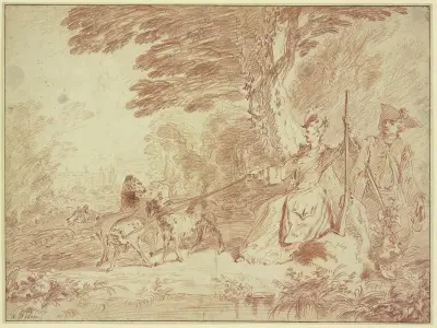 Jagdpartie, Jägerin und Jäger mit vier Hunden in einer Landschaft av Jean-Antoine Watteau