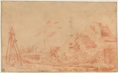 Landskap med stuga och brunn av Jean-Antoine Watteau