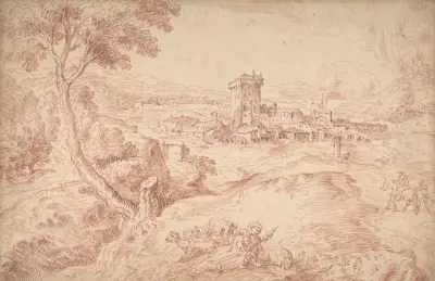 Landskap med en gammal kvinna som håller en slända, efter Domenico Campagnola av Jean-Antoine Watteau