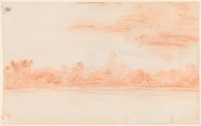 Landscape with church tower av Jean-Antoine Watteau