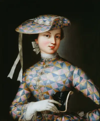 Portret van een dame met harlekijn av Jean-Antoine Watteau