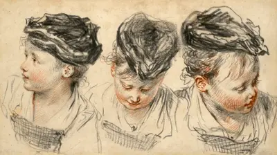 Tre huvudstudier av en flicka med hatt av Jean-Antoine Watteau