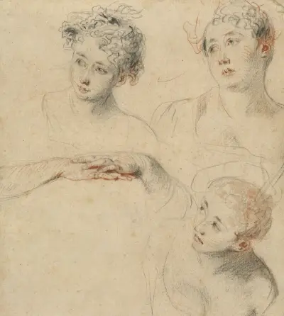 Tre studier av ett kvinnohuvud och en studie av händer (recto) av Jean-Antoine Watteau