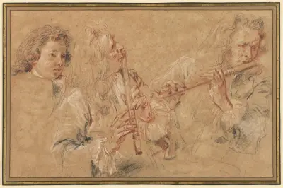 Två studier av en flöjtspelare och en studie av en gosses huvud av Jean-Antoine Watteau