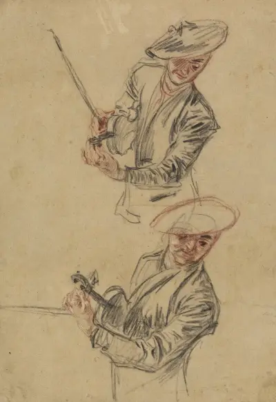 Två studier av en violinist som stämmer sitt instrument av Jean-Antoine Watteau