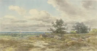 Aussicht über eine Ebene, im Vordergrund umherliegende abgesägte Baumstämme von Anton Burger